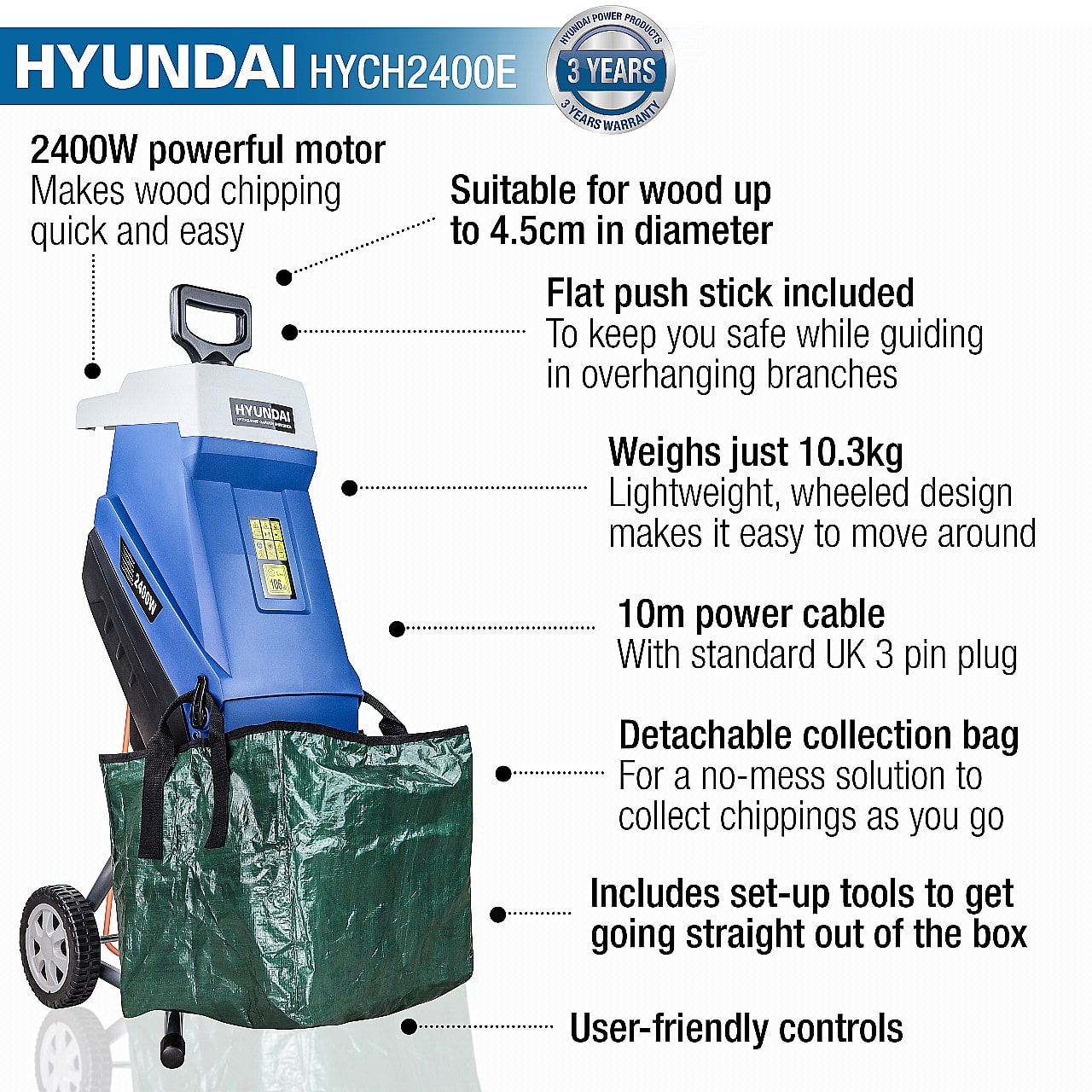 Hyundai HYCH2400E Electric Garden Shredder, 2400w 2.4kW 230v
