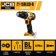 JCB 18V Cordless Brushless Combi Drill, 18V Combi Drill, 2Ah Li-ion Battery, Fast Charger - 21-18BLCD-2X-B