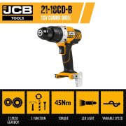 JCB 18V Cordless Combi Drill, Variable Speed & LED Light - Bare Unit - 21-18CD-B