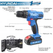 Hyundai HY2175 18V Li-Ion Cordless Drill with 89 Piece Drill Accessory Kit