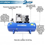 Hyundai HY3150S 14CFM, 3HP, 150 Litre Twin Cylinder Belt Drive Air Compressor