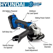 Hyundai HY2179 20V Li-Ion Cordless Angle Grinder - 125mm disc - Battery Powered